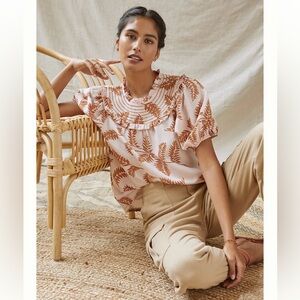 Anthropologie Current Air Smocked Collar Puff Sleeve Ruffle Top Size Small
